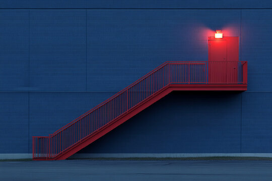 Glowing exit sign illuminating fire escape in urban environment
