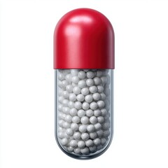 A single red and clear gelatin capsule filled with many small white spheres isolated on white background