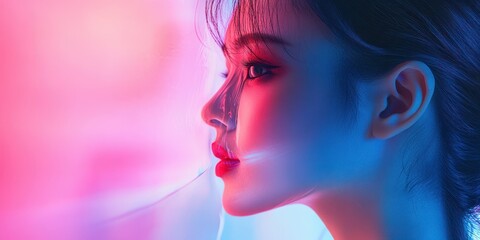 Captivating profile of a woman illuminated by colorful lights during an evening event
