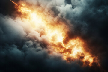 Flaming meteor streaks across a darkened sky in chaos