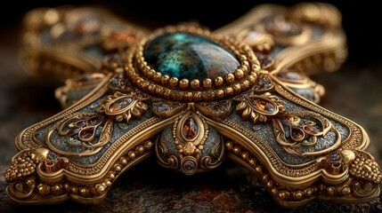 Obraz premium Exquisite ornate cross featuring intricate gold detailing and a stunning turquoise centerpiece on a textured background