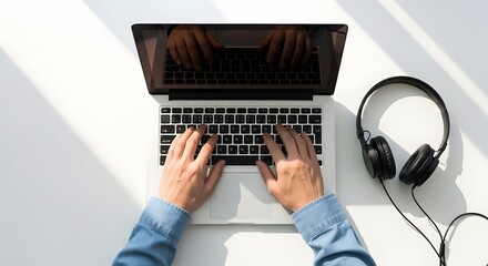Overhead Shot of Person Working on Laptop with Headphones