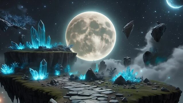 A rocky floating terrain with glowing crystals under a full moon and starry sky, depicting a sci-fi alien world rich in mysterious energy.
