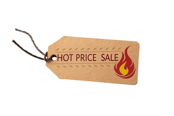 Hot price sale tag with fire icon and twine isolated on transparent background