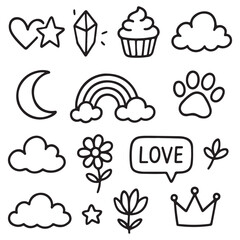 Handdrawn doodle featuring adorable shapes and objects showcases a whimsical and charming style on transparent background