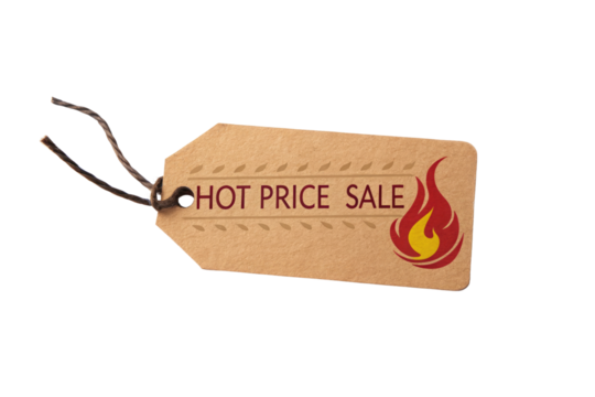 Hot price sale tag with fire icon and twine isolated on transparent background
