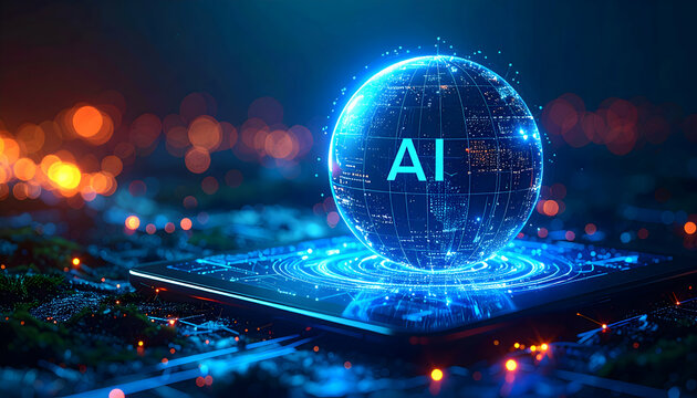 Glowing artificial intelligence sphere connects the world on a sleek digital platform