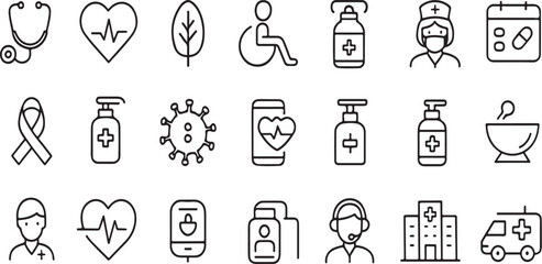 Medical line icon set depicts hospital equipment, healthcare professionals, and medical symbols over a transparent background