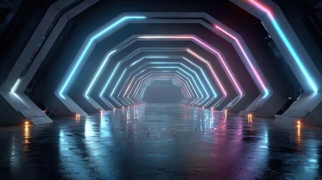 Neon laser spaceship tunnel with glowing light beams, futuristic sci-fi corridor for gaming, technology, and cyberpunk design ads