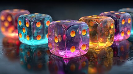 Neon dice game chance concept with glowing cubes on dark table, futuristic gambling entertainment design for ads