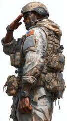 Soldier in tactical gear saluting during military operation in a rugged environment on a clear day