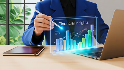 Businessman showing and drawing growth graph on screen with financial chart and upward arrows