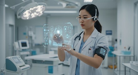 Asian female doctor in a modern operating room interacts with a holographic medical interface.