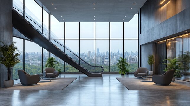 Modern office lobby with city view - Powered by Adobe