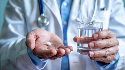 Doctor in white coat holding a white pill in palm and a glass of clear water in other hand