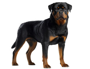 Confident Rottweiler Standing Alert with Raised Head, Front-Angle View, Isolated on Transparent Background