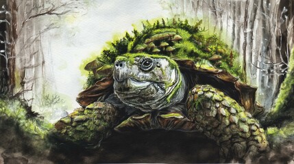 A captivating watercolor painting portrays an ancient turtle adorned with moss and mushrooms slowly moving through a mystical and enchanted forest landscape scene.