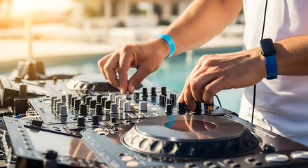 A djs hands skillfully mixing music on a professional console at an outdoor event