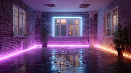 Fototapeta premium Modern brick neon room with glowing lights and industrial design, futuristic sci-fi concept for gaming, tech, and design ads