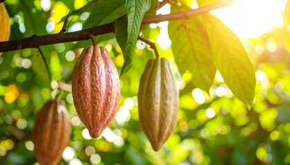 Obraz premium Cocoa pods growing on tree branches with bathed in warm sunlight, and closeup.