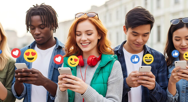 Diverse group of young people happily using smartphones with social media icons