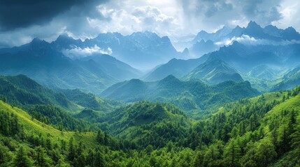 Obraz premium Lush mountain range, dramatic cloudscape