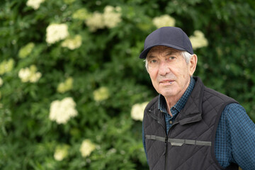 Elderly man in baseball cap and vest smiling beside a blooming bush. Concept: joyful aging, spring vitality, natures beauty, peaceful connection.