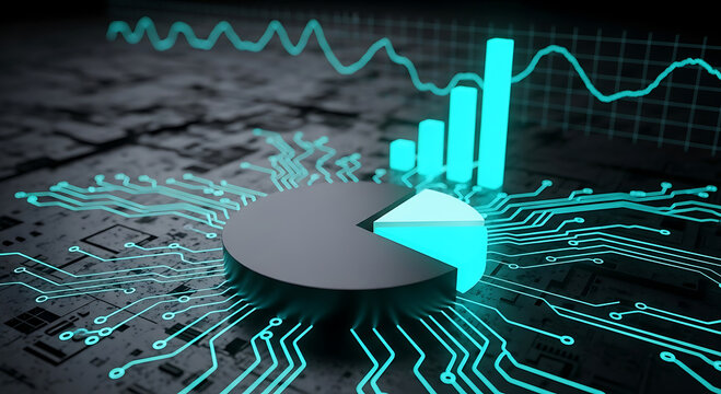 Cyan bar graph and pie chart on a digital circuit board