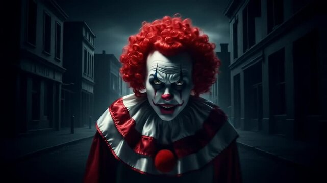 A menacing clown with a sinister expression, close-up view, showcasing a frightening and disturbing character.