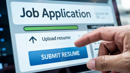 Close up of a person s finger pressing the submit resume button on a digital job application form