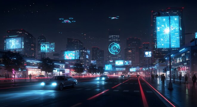 Futuristic cityscape at night with glowing digital displays on buildings and flying drones over a busy street.