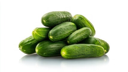 Fresh cucumbers piled on white background. Neural network AI generated