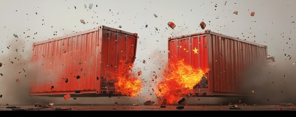 Exploding Cargo Containers with Chinese Flag