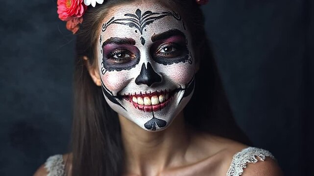 A young Hispanic woman with long brown hair and floral headband smiles. Her face is painted in a sugar skull design for a cultural celebration.