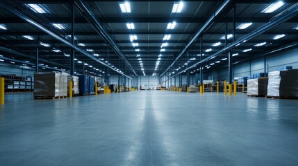 Fototapeta premium Industrial warehouse using energy-efficient lighting and equipment, LED installations and smart monitoring system,