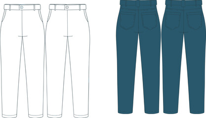 Classic straight-leg women&rsquo;s pants, front and back view, denim style technical sketch, fashion flat template, detailed garment illustration, apparel design for clothing production.