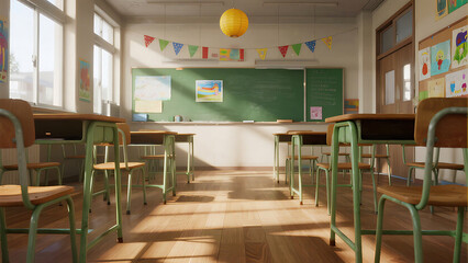 A classroom with desks and chairs arranged in rows, a blackboard, and decorations on the walls