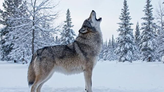 Majestic Gray Wolf Howling in Snowy Forest Wilderness During Winter Season Captured in Stunning Nature Wildlife Scene.