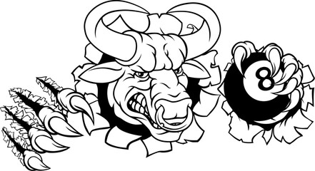 Fototapeta premium A bull or Minotaur monster longhorn cow angry mean pool mascot cartoon character.