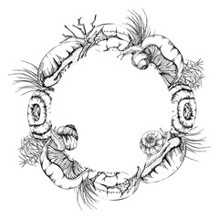 Obraz premium Bolete cep russula suillus mushroom fungi with horsetail plant stalks, twigs grass blades undergrowth. Copy space wreath frame hand drawn in vector ink. Menu list accents, home preserves labels tags