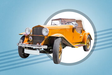yellow retro car on blue background