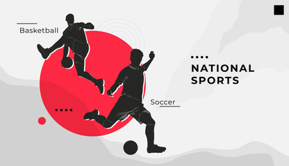 Basketball and soccer player silhouettes on abstract red-white background, perfect for National Sports Day or team sport promotions.