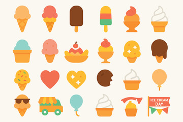 Ice Cream Day Icon Set with Cones, Popsicles, Sundaes, and Sweet Treats
