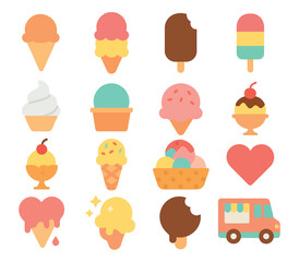 Ice Cream Day Icon Set with Cones, Popsicles, Sundaes, and Sweet Treats