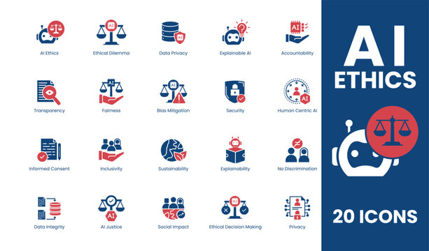 AI Ethics Icon Set – Featuring Transparency, Fairness, Data Privacy, Accountability, Bias Mitigation, Security, Human-Centric AI. Vector Outline icons. 