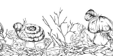 Bolete cep milk-cap mushroom with snail on top of fallen autumn leaves pile, cloudberry berries twigs. Fungus forest harvest. Seamless banner hand drawn in vector ink. Washi paper, wild food wrapping © Elena