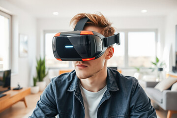 Focused Man Wearing VR Headset Experience