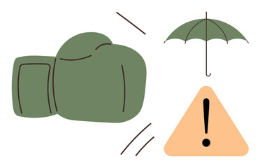 Boxing glove in motion alongside green umbrella and warning triangle with exclamation mark. Ideal for risk management, caution, conflict resolution, safety measures, insurance concept, protection