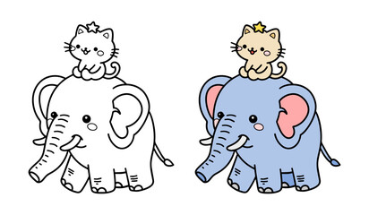 Cute Cartoon Cat Sitting on Elephant Head, Colored and Outline Style Vector Illustration