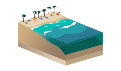 Beach illustration on isometric view, isolated on white background